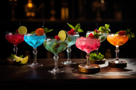 different colored cocktails in glasses on a table, Decoration of different cocktail in different Glasses Ai generatedの素材
