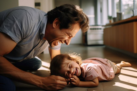 Playful daughter pinching cheerful father's cheeks on floor at home Ai generatedの素材