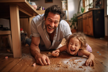Playful daughter pinching cheerful father's cheeks on floor at home Ai generatedの素材