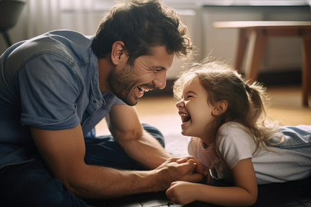 Playful daughter pinching cheerful father's cheeks on floor at home Ai generatedの素材