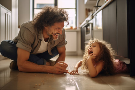 Playful daughter pinching cheerful father's cheeks on floor at home Ai generatedの素材