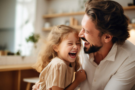 Playful daughter pinching cheerful father's cheeks on floor at home Ai generatedの素材