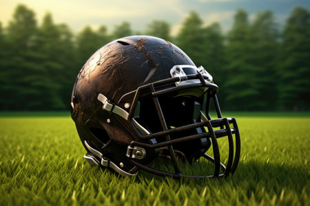 American football helmet on the field with blurred stadium background AI Generatedの素材