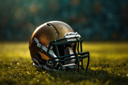 American football helmet on the field with blurred stadium background AI Generatedの素材