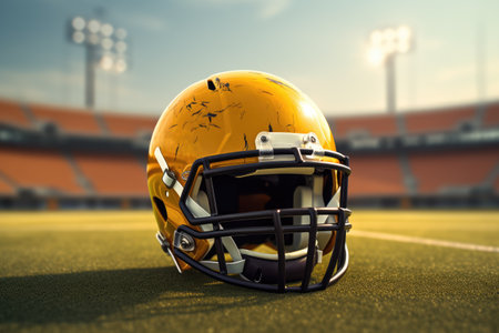 American football helmet on the field with blurred stadium background AI Generatedの素材