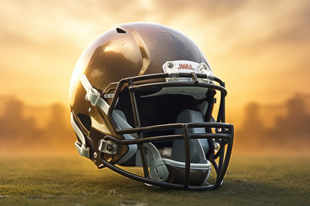 American football helmet on the field with blurred stadium background AI Generatedの素材