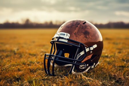 American football helmet on the field with blurred stadium background AI Generatedの素材