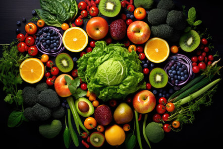 Top view of different organic fresh fruits and vegetables Ai generatedの素材