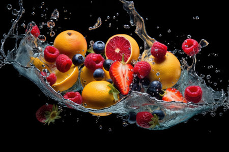 Fresh fruit splashing into clear water, Fresh fruits into clear water splash background Ai generatedの素材