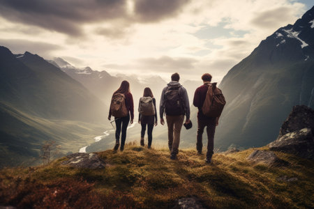 group of friends hiking in mountains, A group of friends hiking in the mountains at sunset Ai generatedの素材