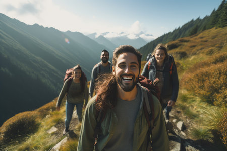 group of friends hiking in mountains, A group of friends hiking in the mountains at sunset Ai generatedの素材