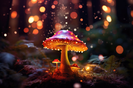 Fantasy mushroom with bokeh light in the forest at night 3d illustration of abstract background Ai generatedの素材