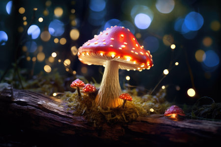 Fantasy mushroom with bokeh light in the forest at night 3d illustration of abstract background Ai generatedの素材