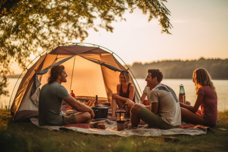 Friend enjoying a summer camping with friends, They are looking at camera and smiling, Friends enjoying a summer camping Ai generatedの素材
