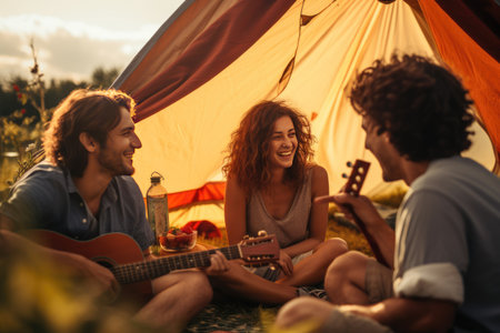 Friend enjoying a summer camping with friends, They are looking at camera and smiling, Friends enjoying a summer camping Ai generatedの素材