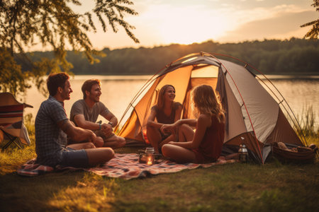Friend enjoying a summer camping with friends, They are looking at camera and smiling, Friends enjoying a summer camping Ai generatedの素材