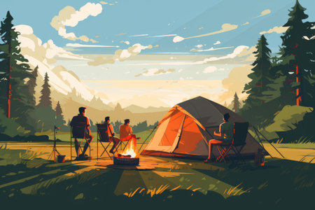 Friend enjoying a summer camping with friends, They are looking at camera and smiling, Friends enjoying a summer camping Ai generatedの素材