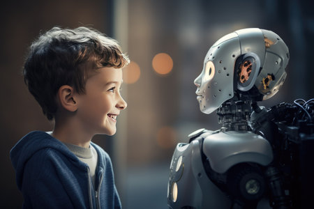 Smiling boy talking with the AI robots Ai generatedの素材