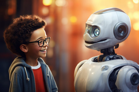 Smiling boy talking with the AI robots Ai generatedの素材