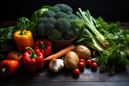 vegetables on Dark background Vegetables set and spices for cooking on dark background Ai generatedの素材