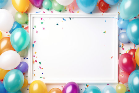 Blank square frame mockup with color balloons and confetti, square frame on color balloons and confetti, AI Generatedの素材