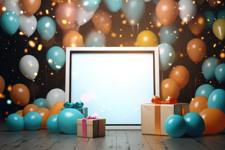 Blank frame mockup with color balloons and confetti, frame on color balloons and confetti, AI Generatedの素材