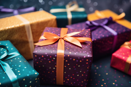 Colorful gift box binding with color Ribbon and blur background Ai generatedの素材