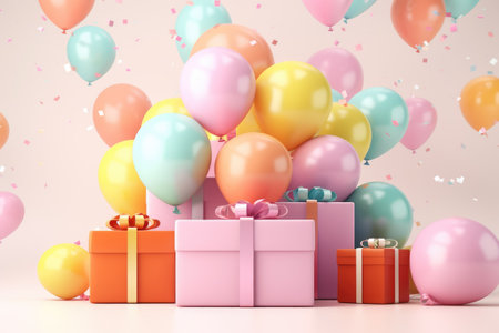 Colorful balloons background 3D Rendering, Celebratory background with color balloons, confetti, sparkles, lights, AI Generatedの素材