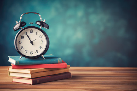 Alarm clock and stack of books on wooden table. Back to school concept Ai generatedの素材
