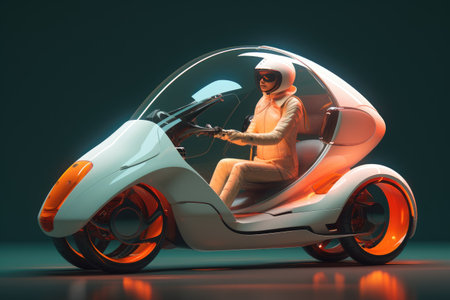Futuristic electric scooter with driver in helmet and glasses.の素材