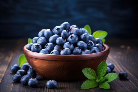 Fresh blueberries in a bowl on a wooden background, Blueberry banner. Bowl full of blueberries. Close-up food photography background Ai generatedの素材