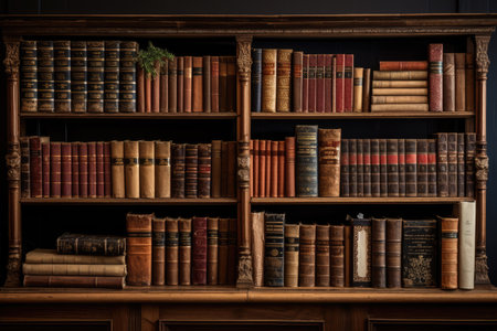 Abundant collection of antique books on a wooden shelf Ai generatedの素材