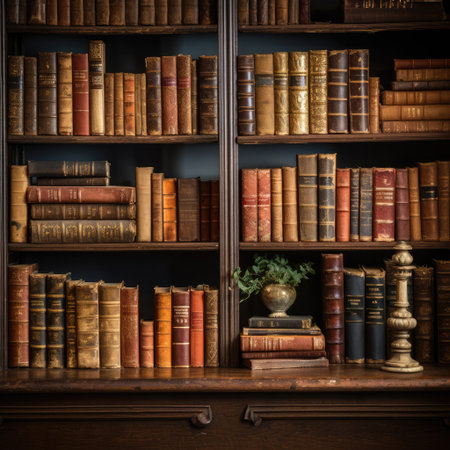 Abundant collection of antique books on a wooden shelf Ai generatedの素材
