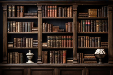 Abundant collection of antique books on a wooden shelf Ai generatedの素材