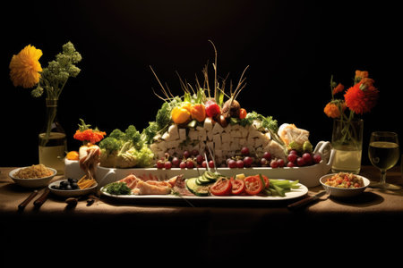 Dinner table decoration with verities food , Delicious holiday food on dinner table AI generatedの素材