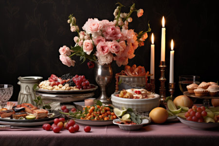Dinner table decoration with verities food , Delicious holiday food on dinner table AI generatedの素材