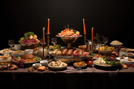 Dinner table decoration with verities food , Delicious holiday food on dinner table AI generatedの素材