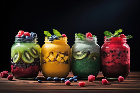 Fresh Fruit Smoothies In Glass Jars,Colorful smoothies in glass jars on a windowsill, with fruits in the foreground, AI generatedの素材
