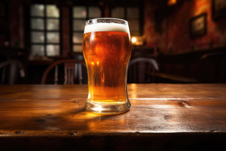 A glass of beer on a wooden table at night, A glass of beer on a Wooden table. Ai generatedの素材