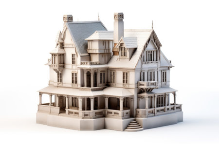 View of 3d house model on white background, isometric view small house model with solar panels isolated on white background, AI generatedの素材