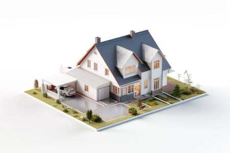 View of 3d house model on white background, isometric view small house model with solar panels isolated on white background, AI generatedの素材