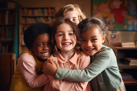 Multiethnic kids embracing happy teacher in school, overjoyed multiethnic kids embracing happy teacher in montessori school, AI generatedの素材