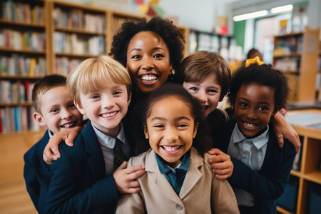 Multiethnic kids embracing happy teacher in school, overjoyed multiethnic kids embracing happy teacher in montessori school, AI generatedの素材