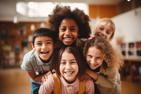 Multiethnic kids embracing happy teacher in school, overjoyed multiethnic kids embracing happy teacher in montessori school, AI generatedの素材