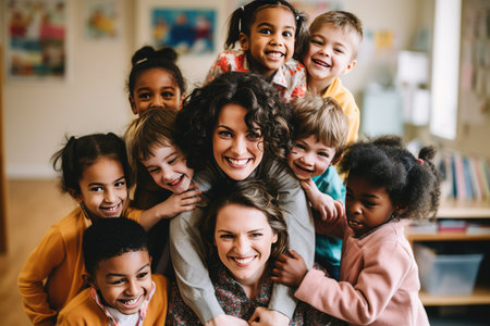 Multiethnic kids embracing happy teacher in school, overjoyed multiethnic kids embracing happy teacher in montessori school, AI generatedの素材