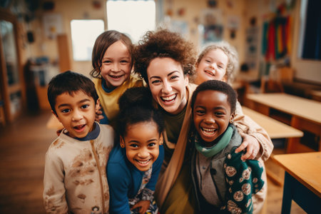 Multiethnic kids embracing happy teacher in school, overjoyed multiethnic kids embracing happy teacher in montessori school, AI generatedの素材