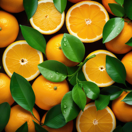 Fresh orange and slice with leaves background, Close up, Image of juicy organic whole and halved oranges with leaves ,AI generatedの素材