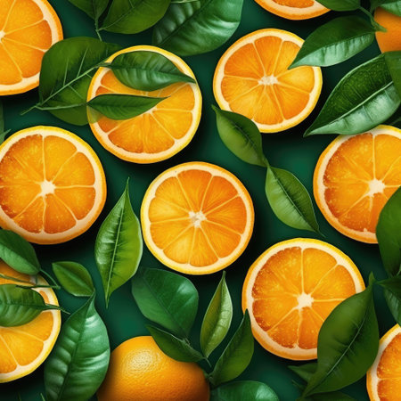 Fresh orange and slice with leaves background, Close up, Image of juicy organic whole and halved oranges with leaves ,AI generatedの素材