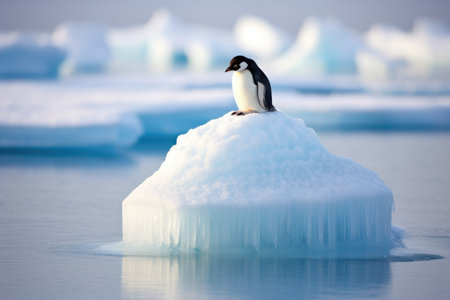 Penguin on ice floe Antarctic, penguin float on the ice floe in the Southern Ocean in Antarctica in search of food, The effects of global warming Ai generatedの素材