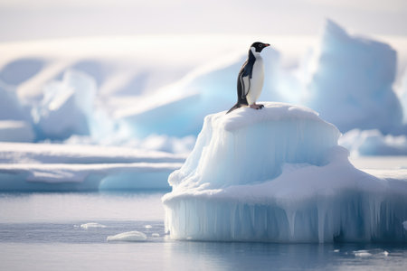Penguin on ice floe Antarctic, penguin float on the ice floe in the Southern Ocean in Antarctica in search of food, The effects of global warming Ai generatedの素材
